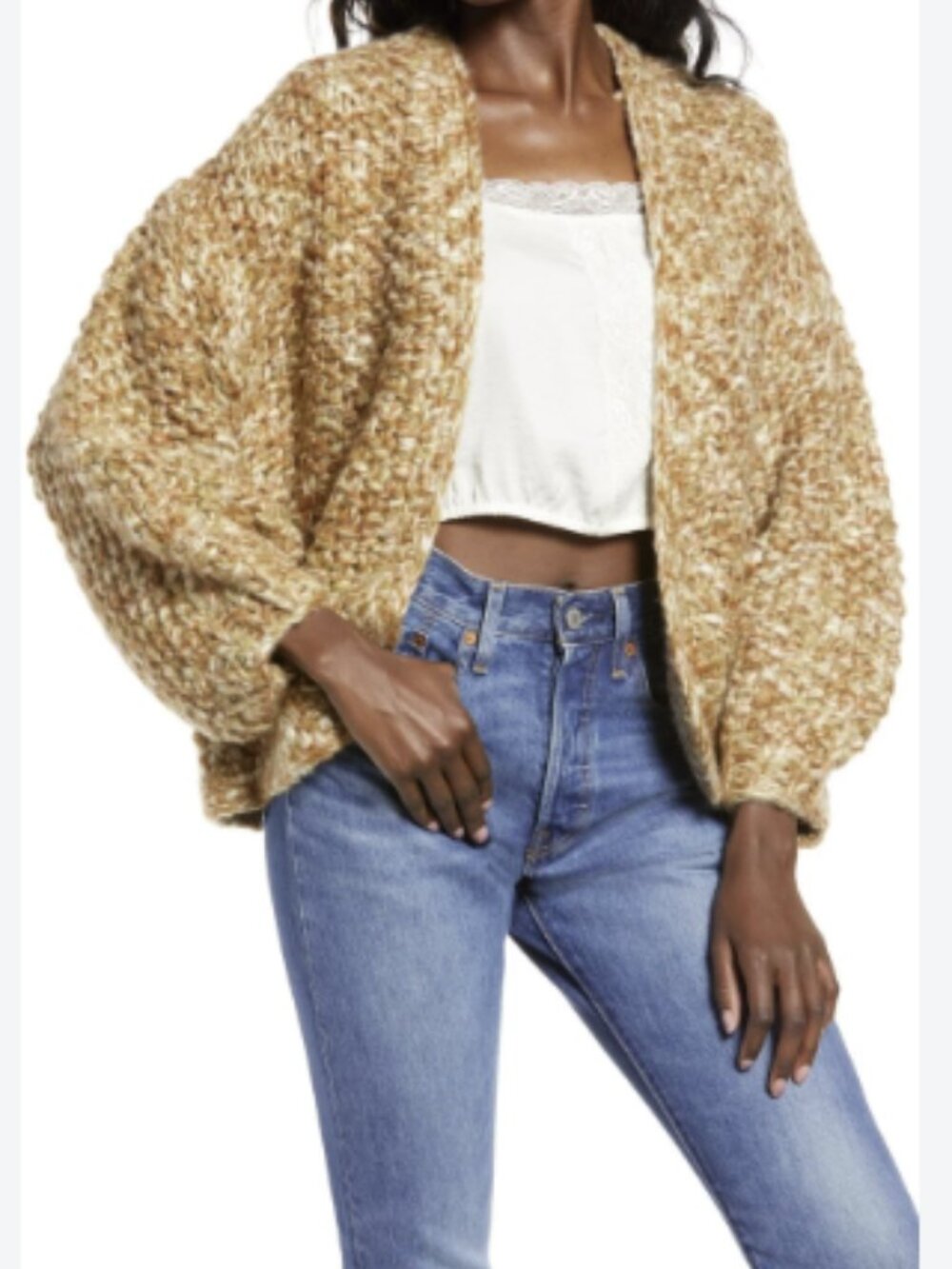 BLANK NYC Marled Crop Open Front Cardigan, Size Large Chunky Knit